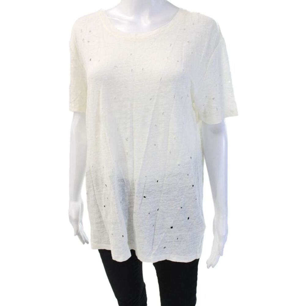 IRO Womens Cropped Linen Top White Short Sleeve Round Neck Zip Size L